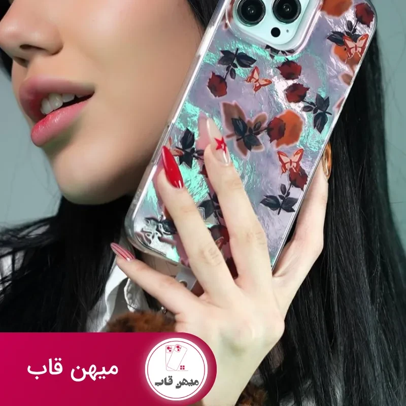 قاب موبایل آیفون دم روباهی پروانه گل سرخ + بندست پشمی