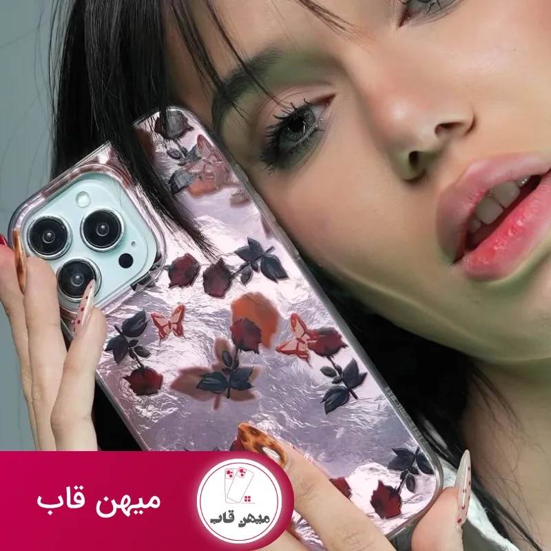 قاب موبایل آیفون دم روباهی پروانه گل سرخ + بندست پشمی