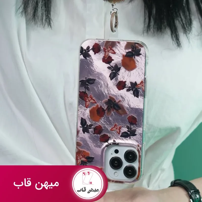 قاب موبایل آیفون دم روباهی پروانه گل سرخ + بندست پشمی