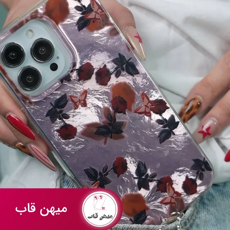 قاب موبایل آیفون دم روباهی پروانه گل سرخ + بندست پشمی