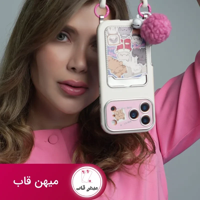 قاب موبایل آیفون گربه اسکاتیش جاکارتی دار + بند و آویزمنگوله