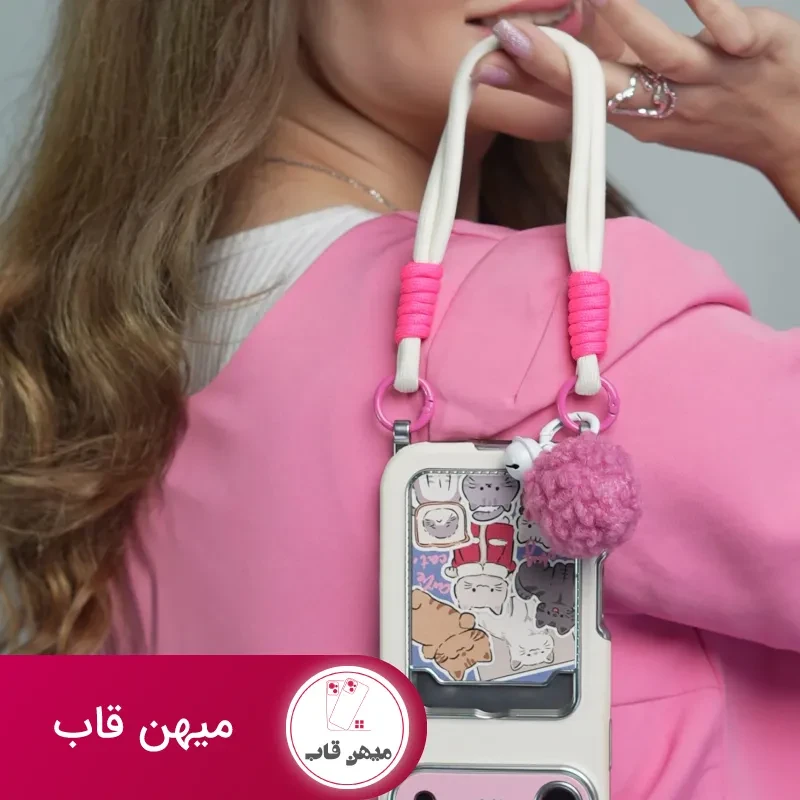قاب موبایل آیفون گربه اسکاتیش جاکارتی دار + بند و آویزمنگوله