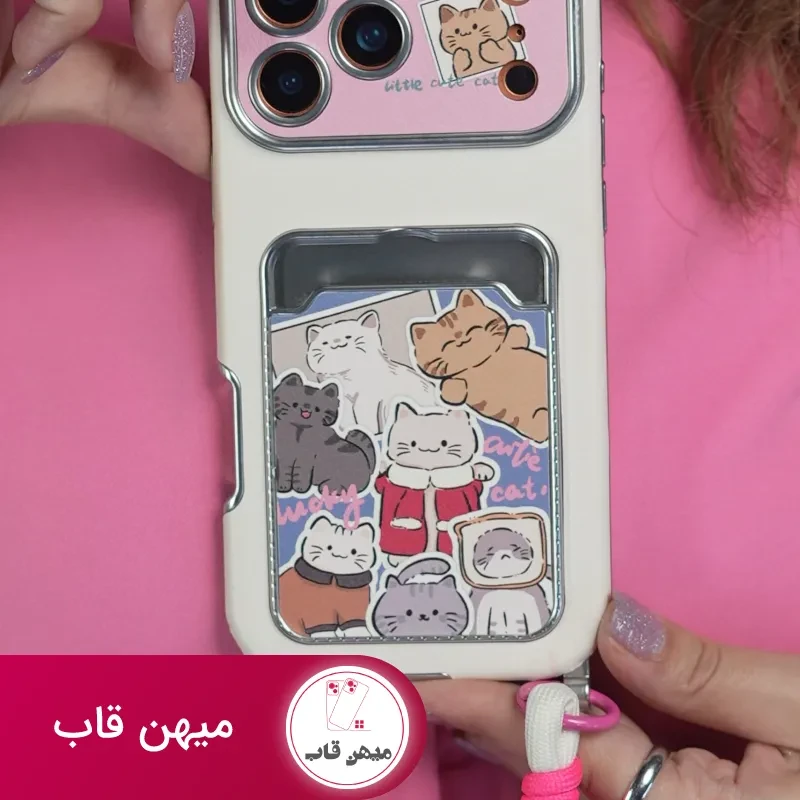 قاب موبایل آیفون گربه اسکاتیش جاکارتی دار + بند و آویزمنگوله