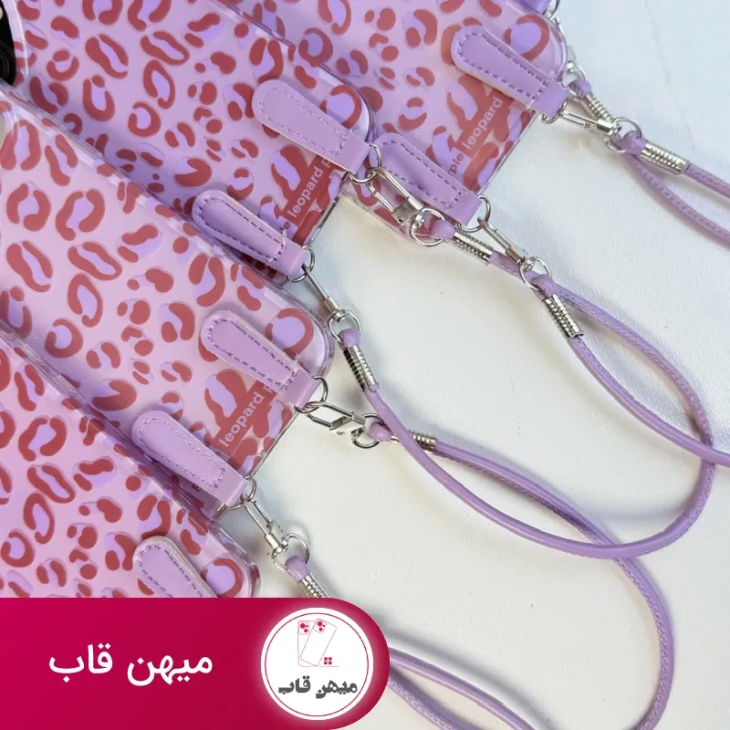قاب گوشی پلنگی بنفش با بند مچی