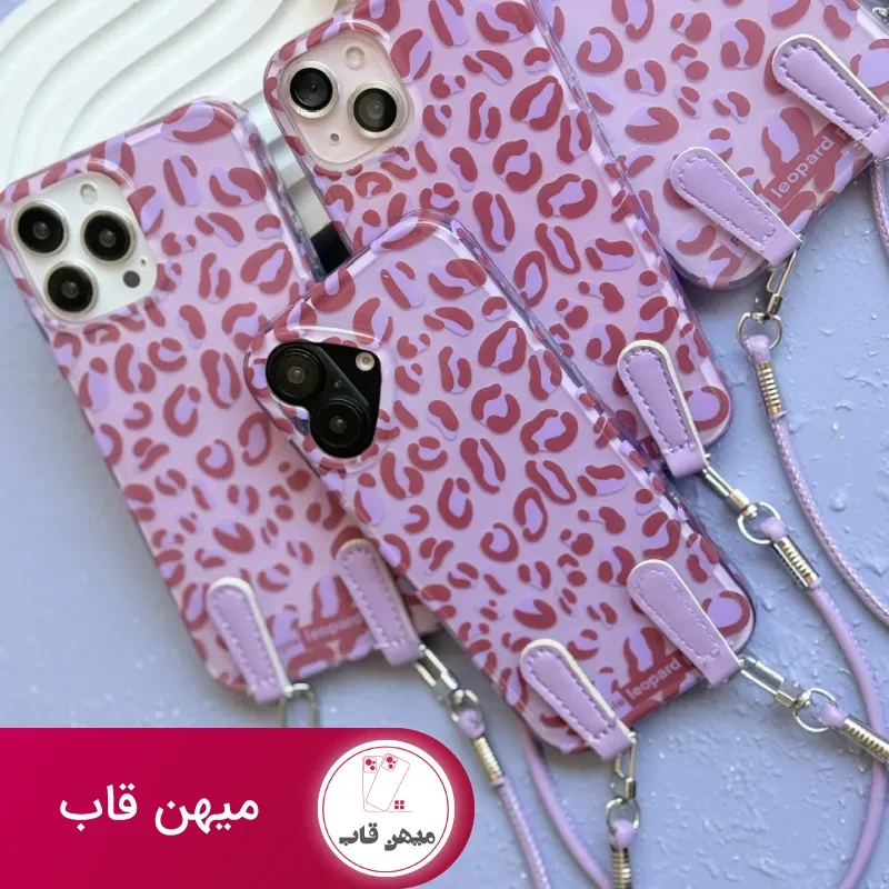 قاب گوشی پلنگی بنفش با بند مچی