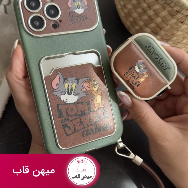 قاب گوشی تام و جری سبز و قهوه ای جاکارتی دار