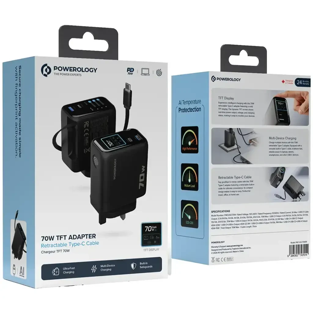 آداپتور پاورولوژی Powerology 70W Al TFT Adapter Retractable Type-C Cable