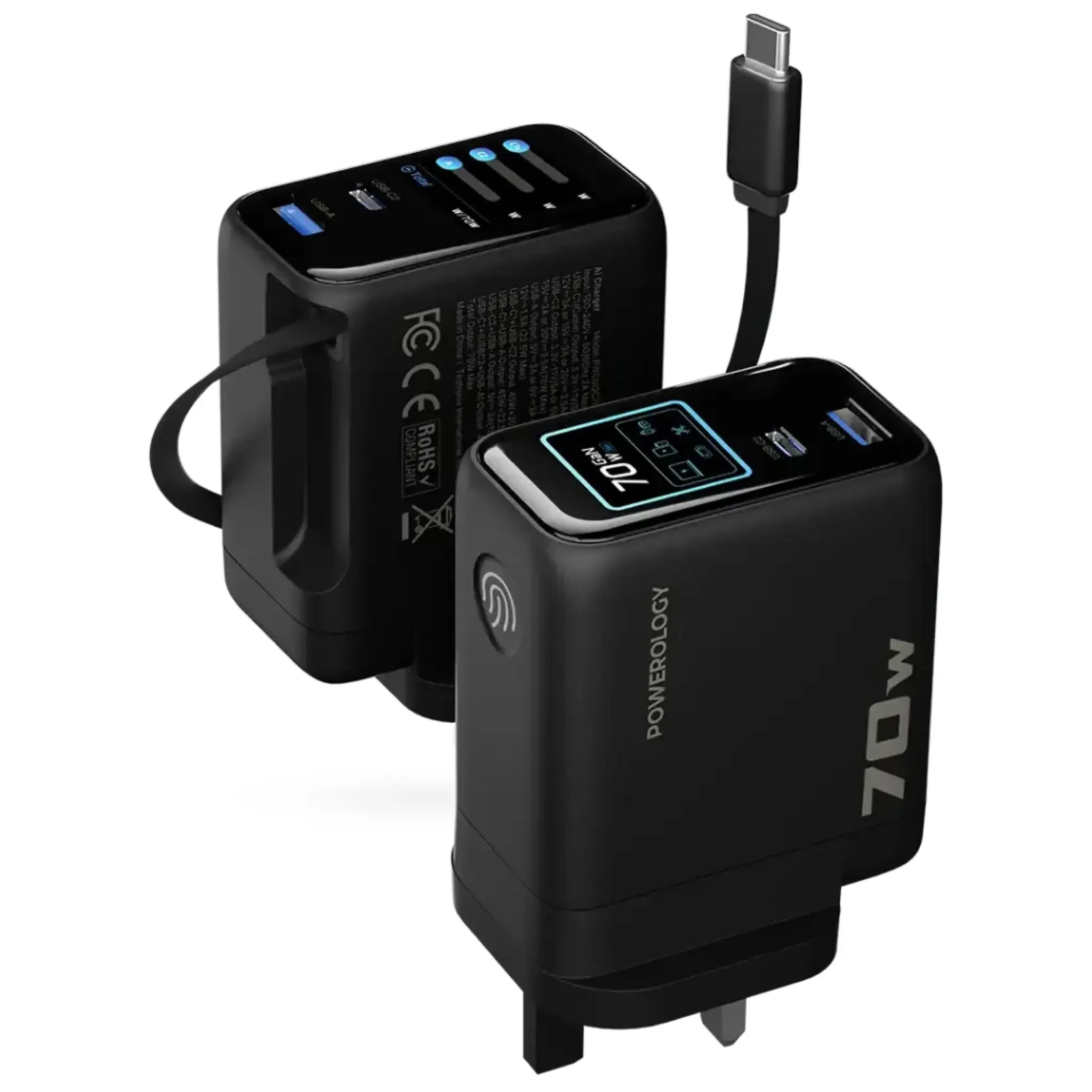 آداپتور پاورولوژی Powerology 70W Al TFT Adapter Retractable Type-C Cable