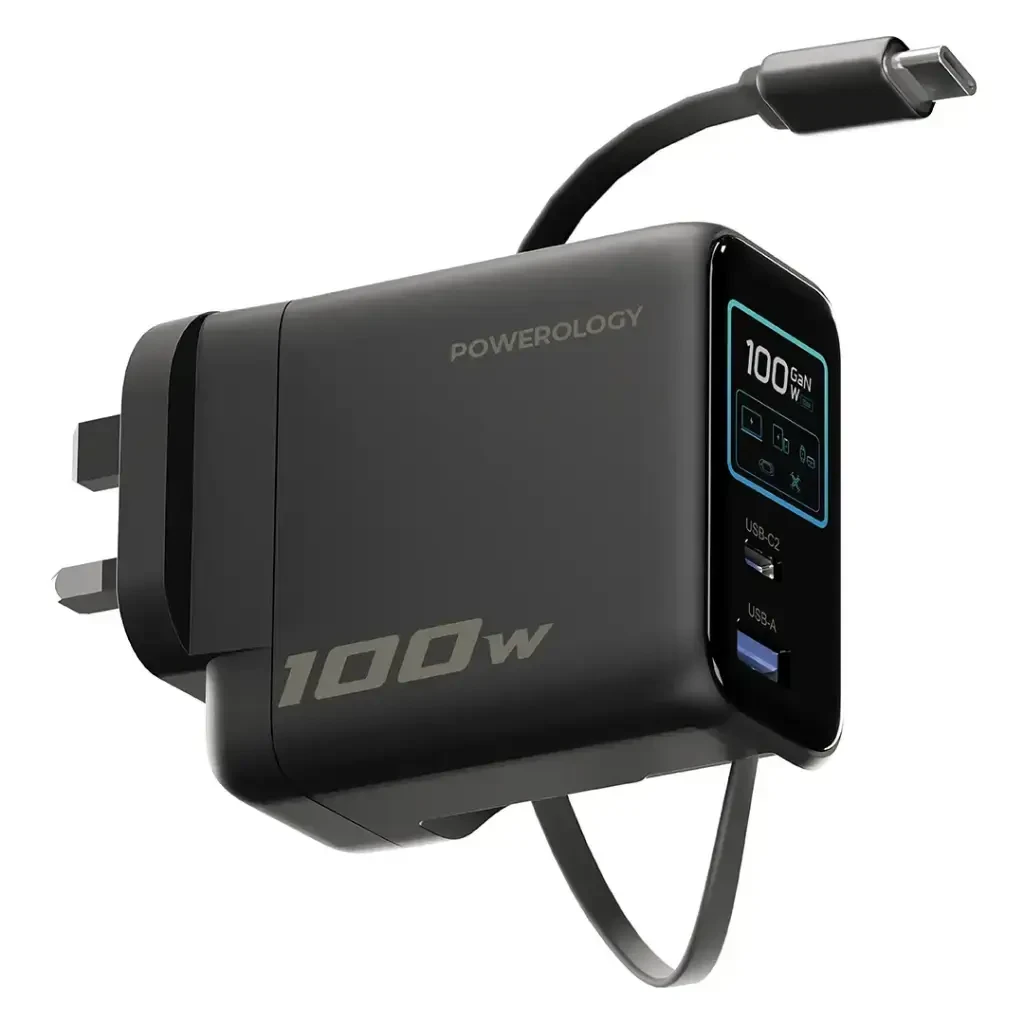 آداپتور پاورولوژی Powerology 100W Al TFT Adapter Retractable Type-C Cable