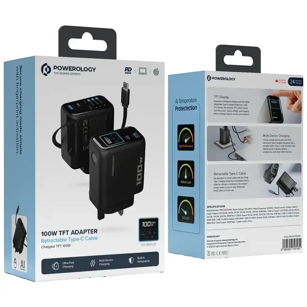 آداپتور پاورولوژی Powerology 100W Al TFT Adapter Retractable Type-C Cable