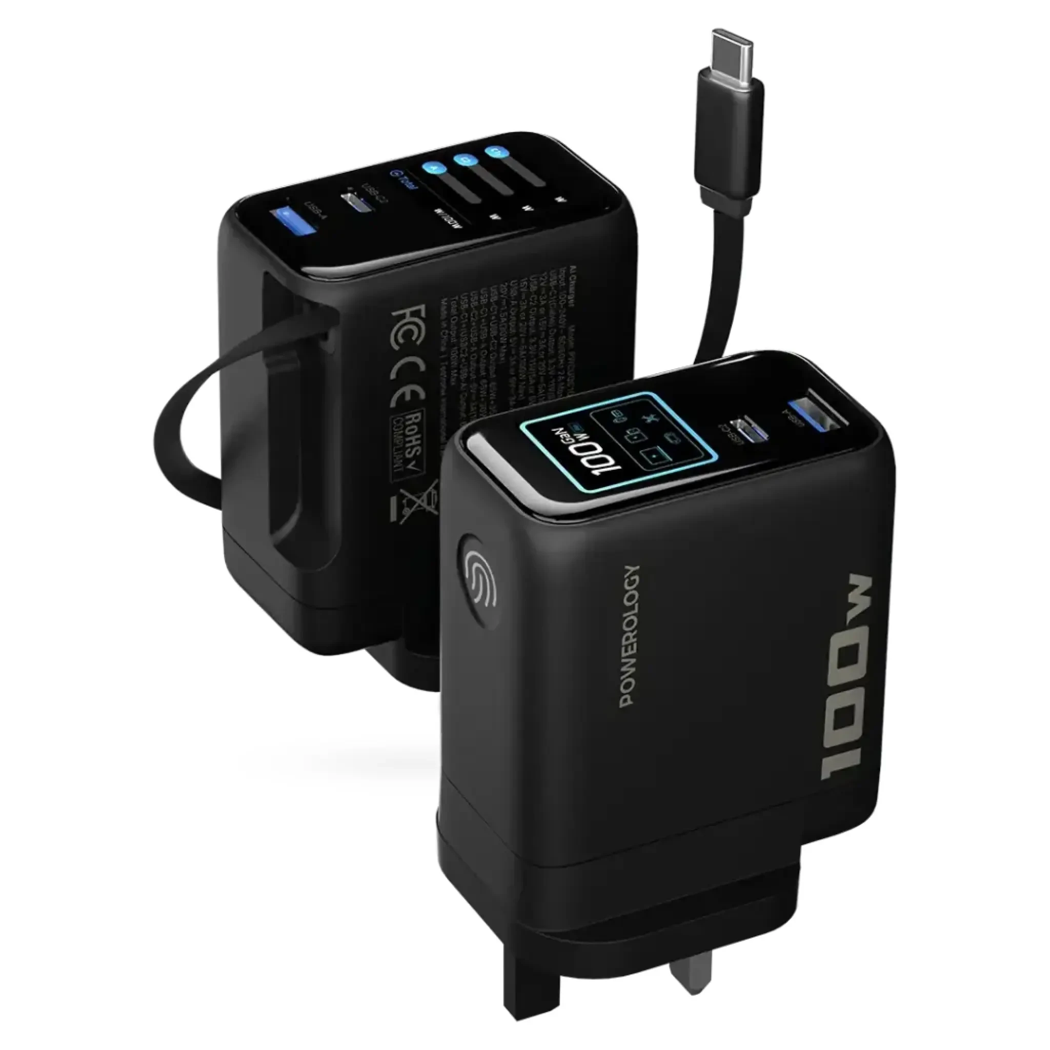 آداپتور پاورولوژی Powerology 100W Al TFT Adapter Retractable Type-C Cable