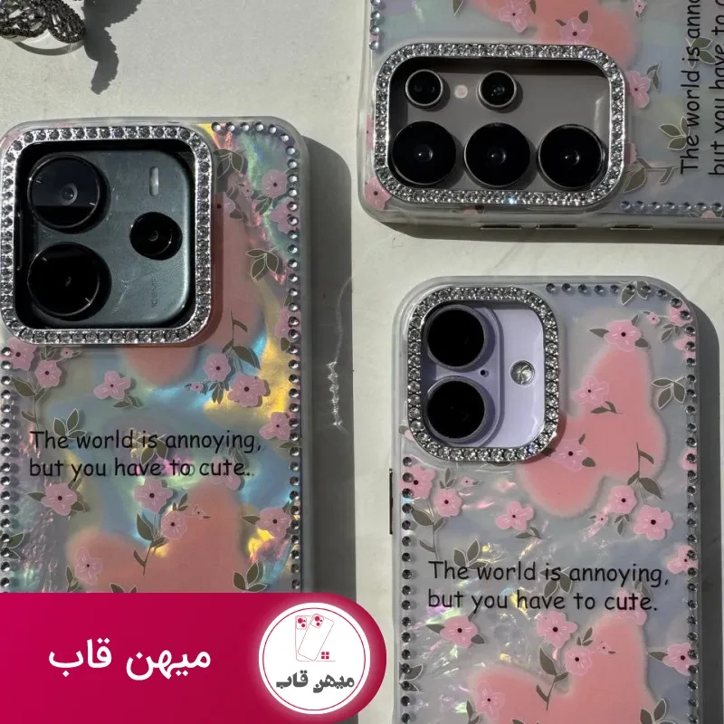 قاب گوشی ماربل نگین دار طرح شکوفه صورتی